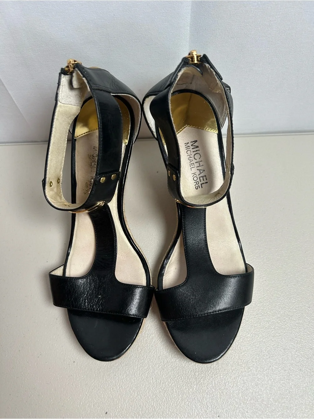 Michael Kors Black Leather Wedge Sandals with Gold Accent In 9M